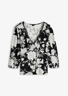 Black and White Crochet Insert Floral Shirt