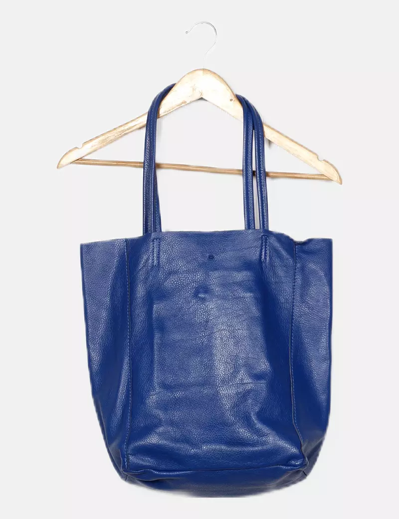 Blue Faux Leather Tote Bag