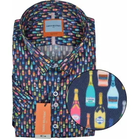 Dario Beltran men's large size short sleeve casual shirt with wine bottle print.
