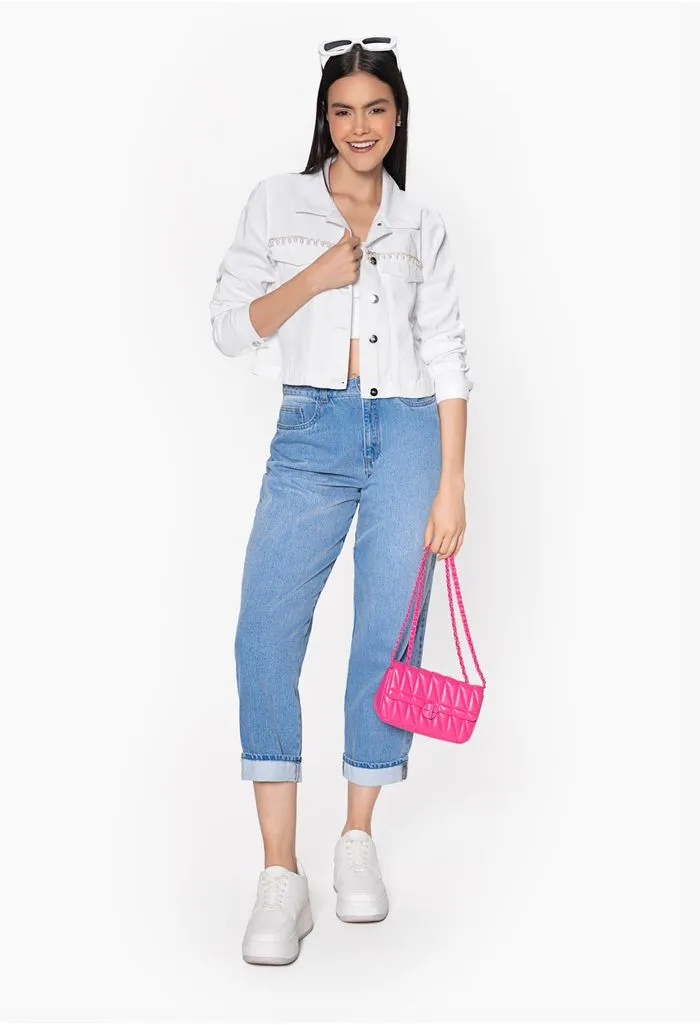 Chaqueta dama crop en denim blanco
