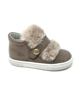 Charol taupe boots with velcro closure and fur flap.