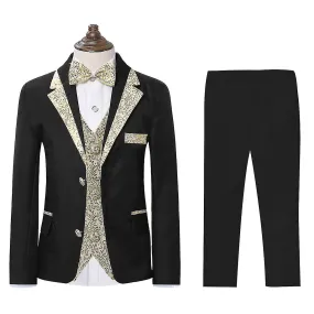 Embroidered Lapel Boy's Slim Fit Suit Four-Piece Suit with Gold and Silver Collar (Blazer Pants Shawl).