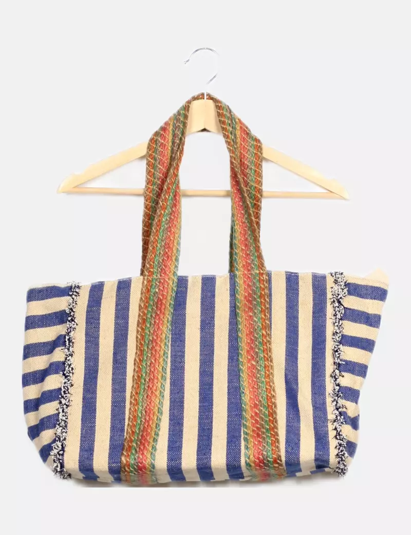 Beige and Blue Striped Raffia Handbag by NoName.