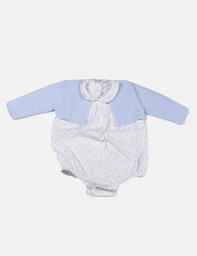 Baby outfit set with printed jumpsuit and blue knit jacket.