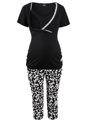 Black Cotton Nursing Capri Pajamas with Print.