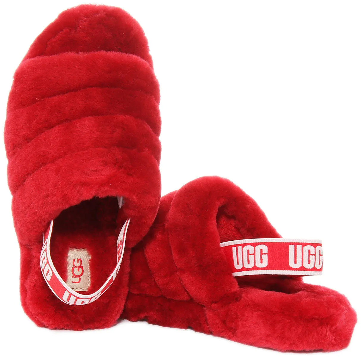 Ugg Fluff Yeah Sandalia de piel de oveja con respaldo elástico para niños en rojo