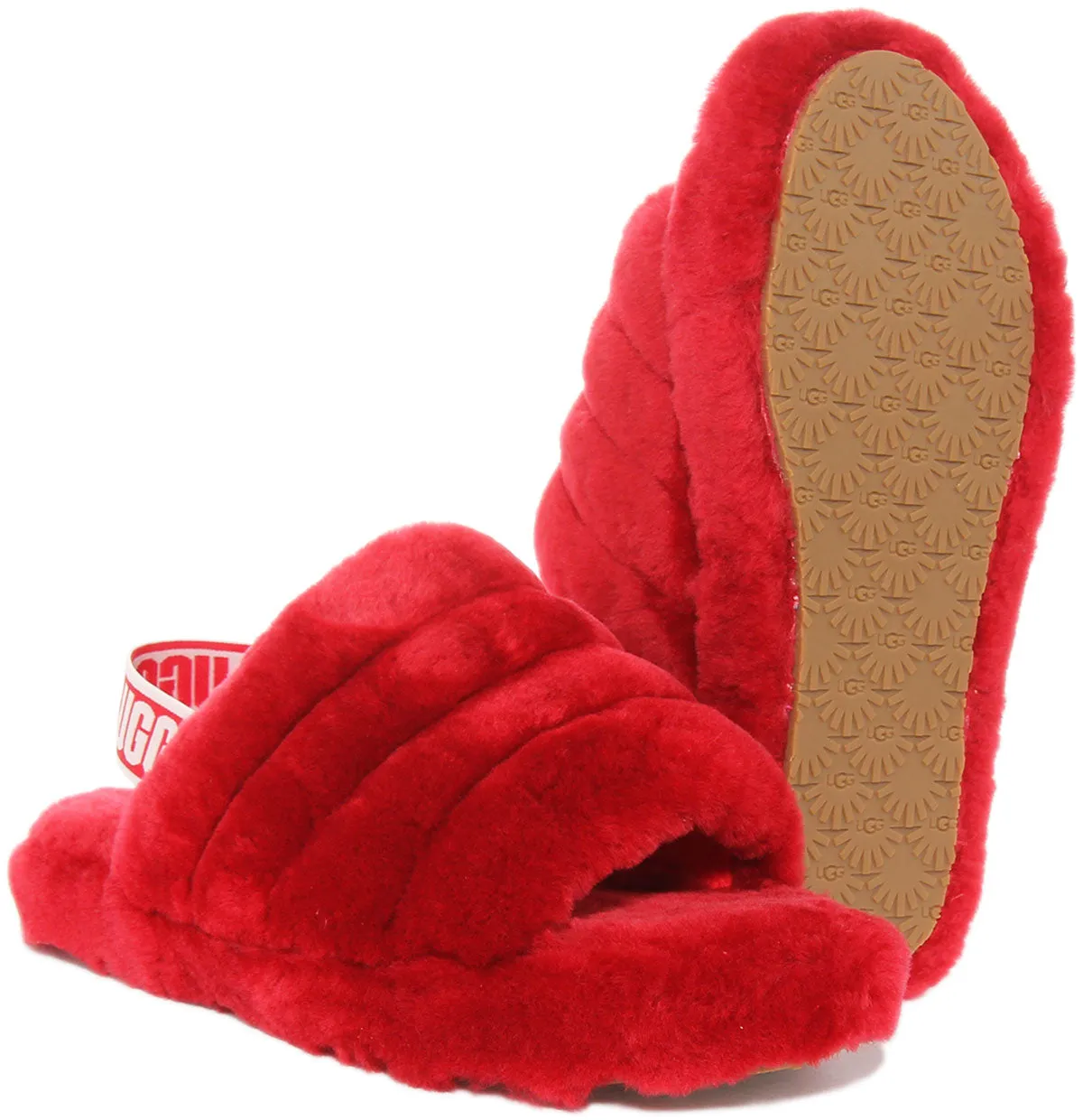 Ugg Fluff Yeah Sandalia de piel de oveja con respaldo elástico para niños en rojo