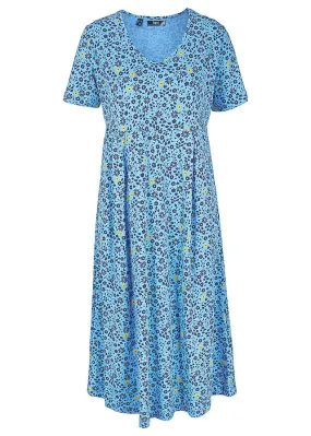 Blue Floral Yellow Cotton Knit Midi Dress