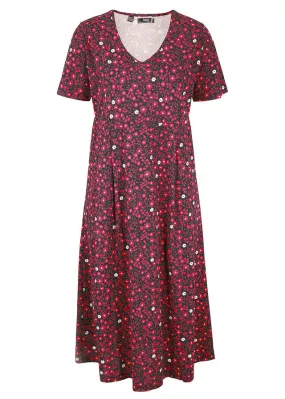 Midi Cotton Dress in Black/Burgundy Floral Knit