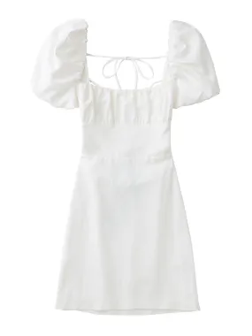 White Linen Blend Square Neck Dress Women's Short Sleeve Criss Cross Backless Crossover Strap Dress