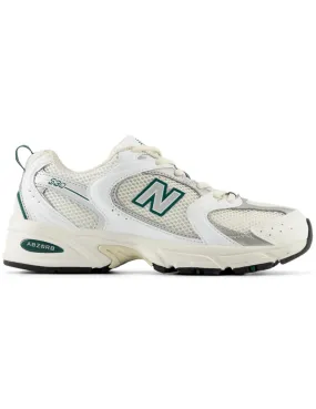 White New Balance 530 sneakers with green N.